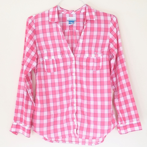Columbia Tops - Columbia | Pink & White Plaid V-neck PFG Button Up